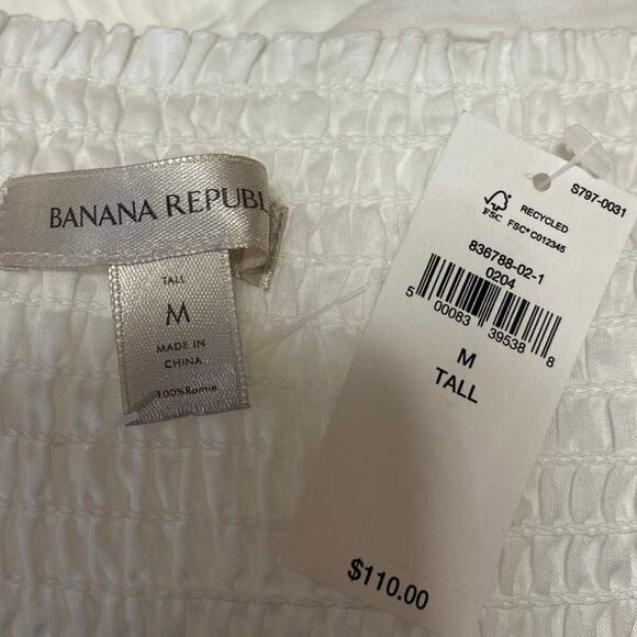 NEW Banana Republic White Balloon Sleeve Deep V-Neck Smocked Peplum Blouse Top M - Picture 3 of 4